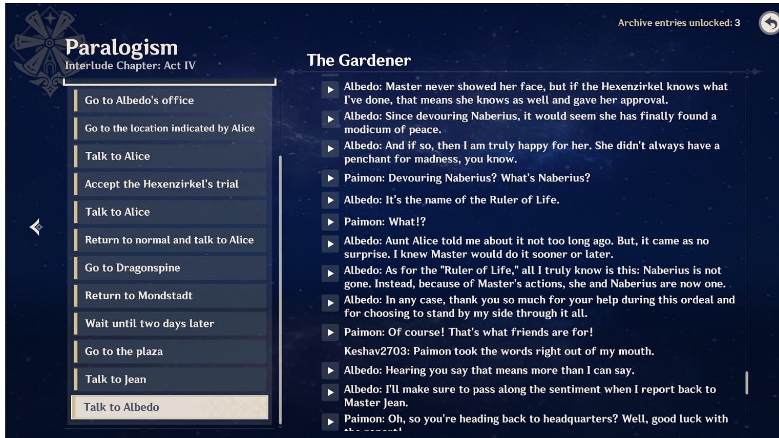 Albedo talking about Rhinedottir in the Paralogism AQ (Image via HoYoverse)